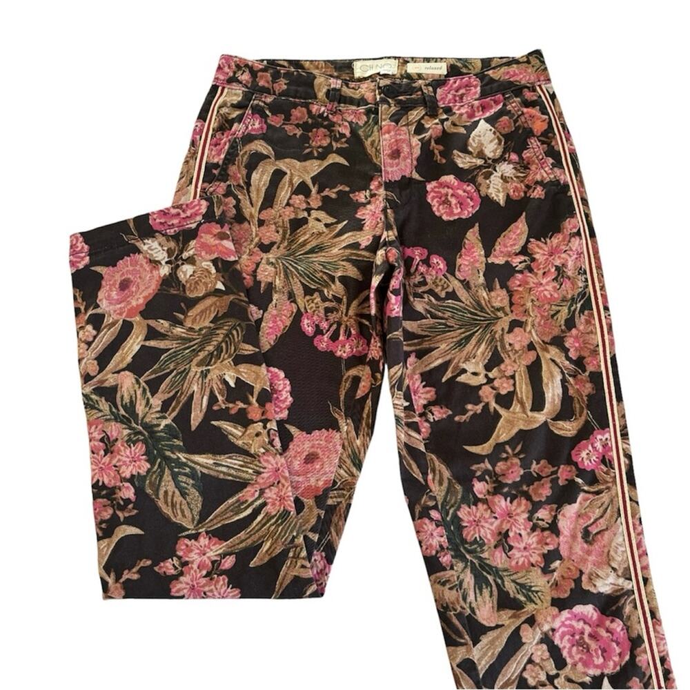 Chino x Anthropologie Relaxed Floral Printed Side Stripe Chino Ankle Pants 26